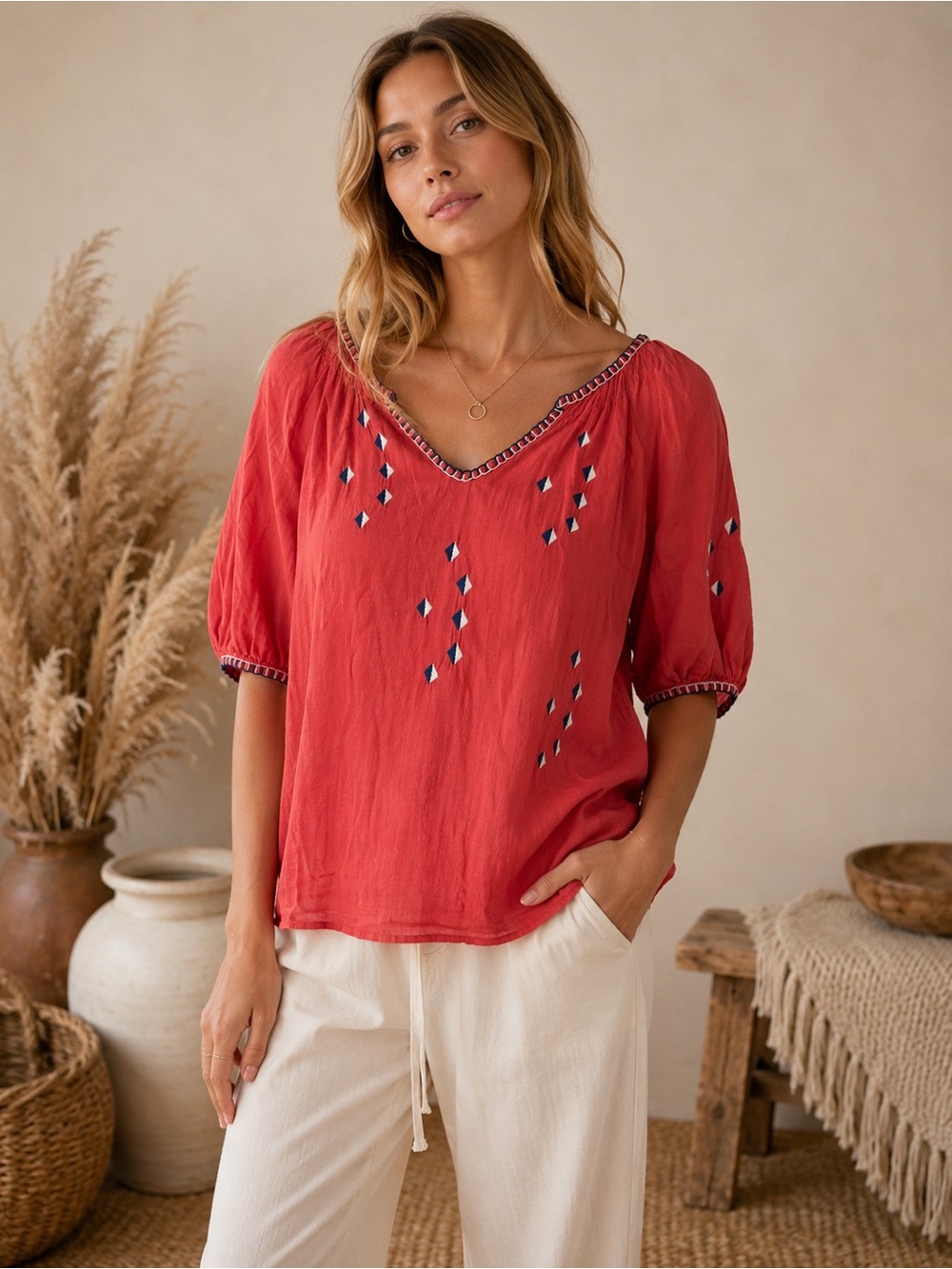 The Great Boho Women’s Red V-Neck Embroidered Balloon-Sleeve Top